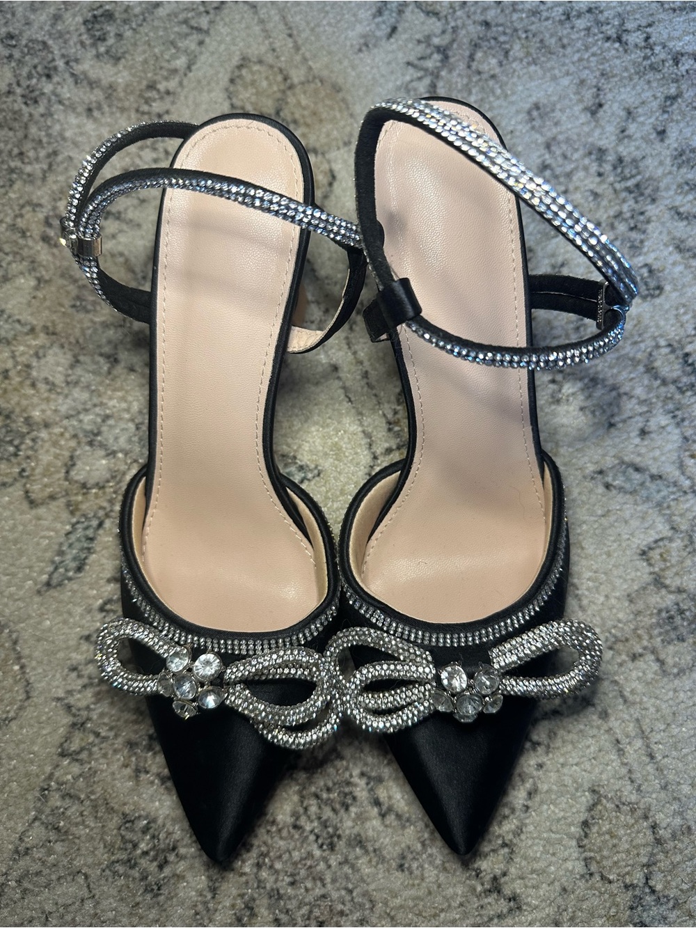 NWOT Women's Black Satin Pointed-Toe Ankle-Strap Heels with Crystal Bow